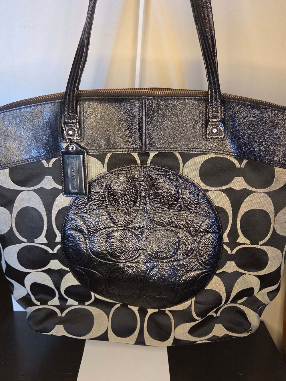 Coach Signature Laura Tote F18335 Black Gray Jacquard Handbag